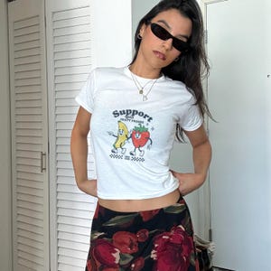 Support Your Fruity Friends Baby Tee, Funny LGBTQ Pride Y2K Crop Top, Rainbow Fruit Ally Graphic Tee, Queer Aesthetic Pride Month Shirt