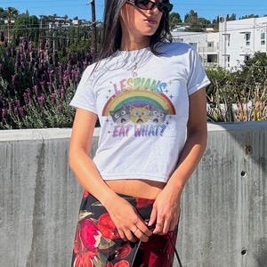 Lesbians Eat What Baby Tee, Subtle Lesbian Sapphic Shirt, WLW Gift Ideas, Femme Pride Month Cat Tee, Queer Fashion, Bisexual Y2K Tee