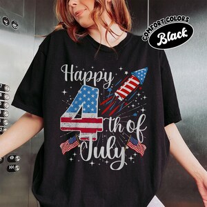 Happy 4th of July US Flag Shirt Fireworks Graphic Tee for Men Women Patriotic Vintage Independence Day Red White Blue Top