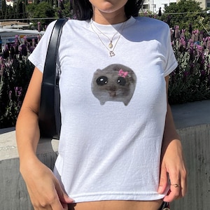 Sad Hamster Meme Baby Tee Shirt Y2K Trendy Shirt Gift For Girlfriend Funny Top For Women Coquette Shirt Custom Brainrot Graphic TShirt