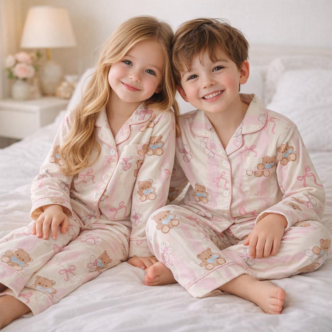 Kids Pajama Set Cute Bear Print, Soft Cotton Sleepwear for Toddlers ...