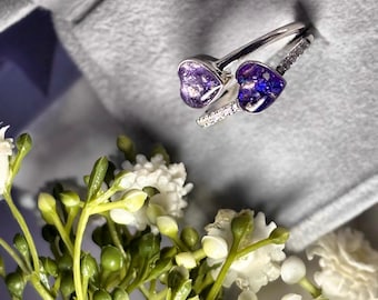 Ladies Memorial Hair or Ashes Ring Double Hearts 925 Silver Cat Dog Horse Ashes Keepsakes Cremation Jewellery Baby Hair Beard Hair