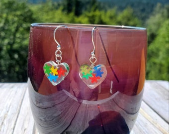 Autism Awareness puzzle piece hand made resin earrings teacher gift special education mom mother present