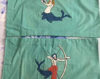 Medieval Mermaid and Merman Marginalia Original Embroidery Ready to use cushion cover set of 2