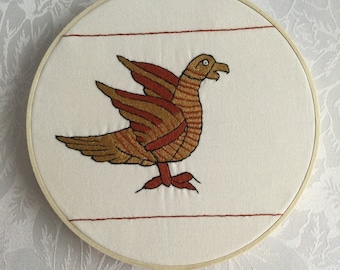 Medieval Bayeux Bird Gold and Red Original Embroidery Hoop mounted Ready to hang