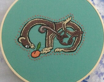 Medieval Monkey Letter M Original Embroidery Hoop mounted Ready to hang