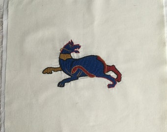Medieval Bayeux Hound Dog Inspired Blue Red and Gold Original Embroidery Panel