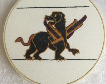 Medieval Bayeux Griffin Black and Gold Original Embroidery Hoop mounted Ready to hang