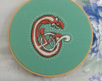 Medieval Cat Letter C Original Embroidery Hoop mounted Ready to hang