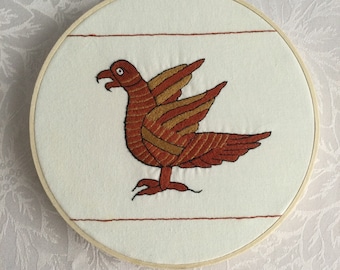 Medieval Bayeux Bird Red and Gold Original Embroidery Hoop mounted Ready to hang