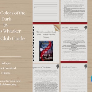 Puede incluir: Una guía de club de lectura imprimible para "All the Colors of the Dark" de Chris Whitaker. La guía incluye una hoja de trucos de personajes, una sinopsis del libro, un planificador de discusión y citas maravillosas.