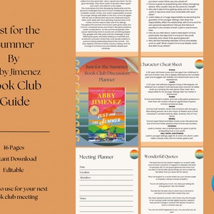 Könnte beinhalten: Ein druckbarer Buchclub-Leitfaden für den Roman "Just for the Summer" von Abby Jimenez. Der Leitfaden enthält ein Charakter-Cheat-Sheet, einen Meeting-Planer und wunderbare Zitate aus dem Buch. Der Leitfaden ist bereit für Ihre nächste Buchclub-Sitzung.