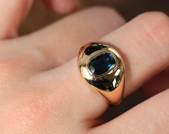 Teal Blue Sapphire 18k Gold Signet Ring, Gift for Father's Day, Polish Finish, Statement Jewelry,