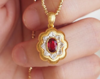 Ruby Flower Pendant Necklace, Gold Vermeil Floral Necklace, Dainty Gemstone Jewelry