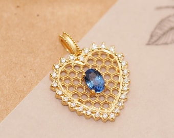 18k Solid Gold Blue Sapphire Diamond Heart Pendant, Vintage Style