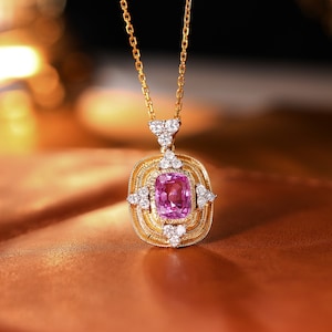 Pink Sapphire Pendant, 18k Solid Gold Pendant, Cushion Pink Sapphire, Sandblasted Gold Pendant, Vintage Gold Pendant, Daily Jewelry for Her