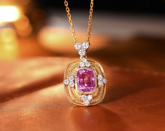 Ciondolo in oro 18 carati con zaffiro rosa a cuscino e diamante, bordo a goccia