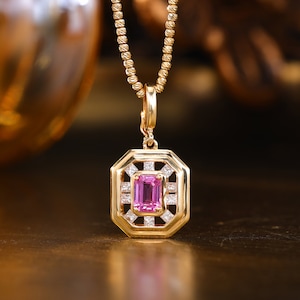 Pink Sapphire Pendant, 18k Solid Gold Pendant, Octagonal Pink Sapphire, Unique Engagement Pendant, Vintage Gold Pendant, Gift for Her