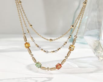 Multi-Color Sapphire Necklace, fancy sapphire, triple strand set, 18k Gold Gemstone Diamond Necklace