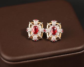 18k Gold Ruby Earrings with Diamond, vintage style, Shield motif