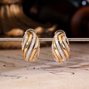 Vintage gold Earrings with Diamond, 18k Solid Gold Earrings, Unique Engagement Earrings, Light Luxury Earrings, Statement Earrings for Her