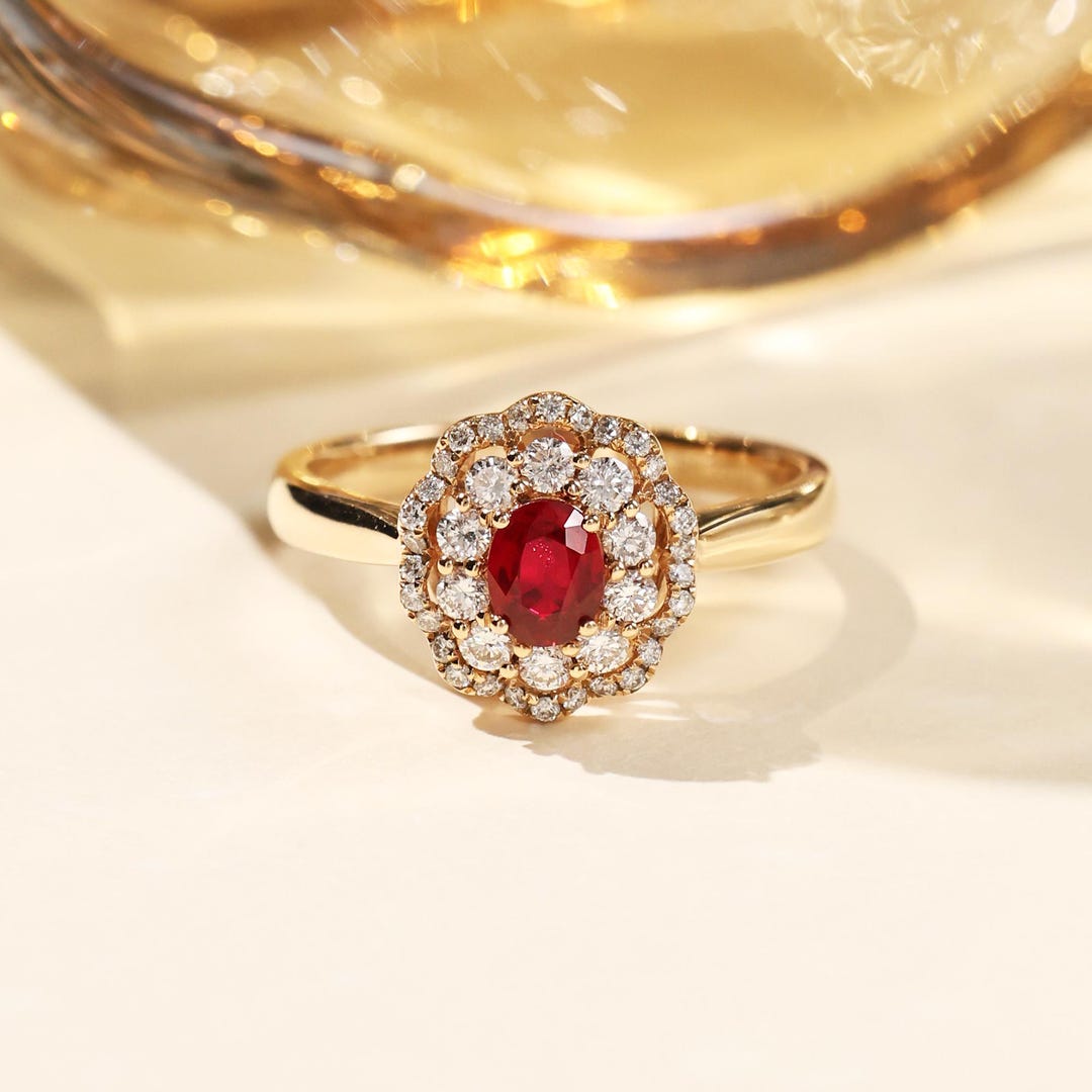 Pigeon Blood Red Ruby Ring,18k Solid Gold, Diamond Halo, Minimalist ...
