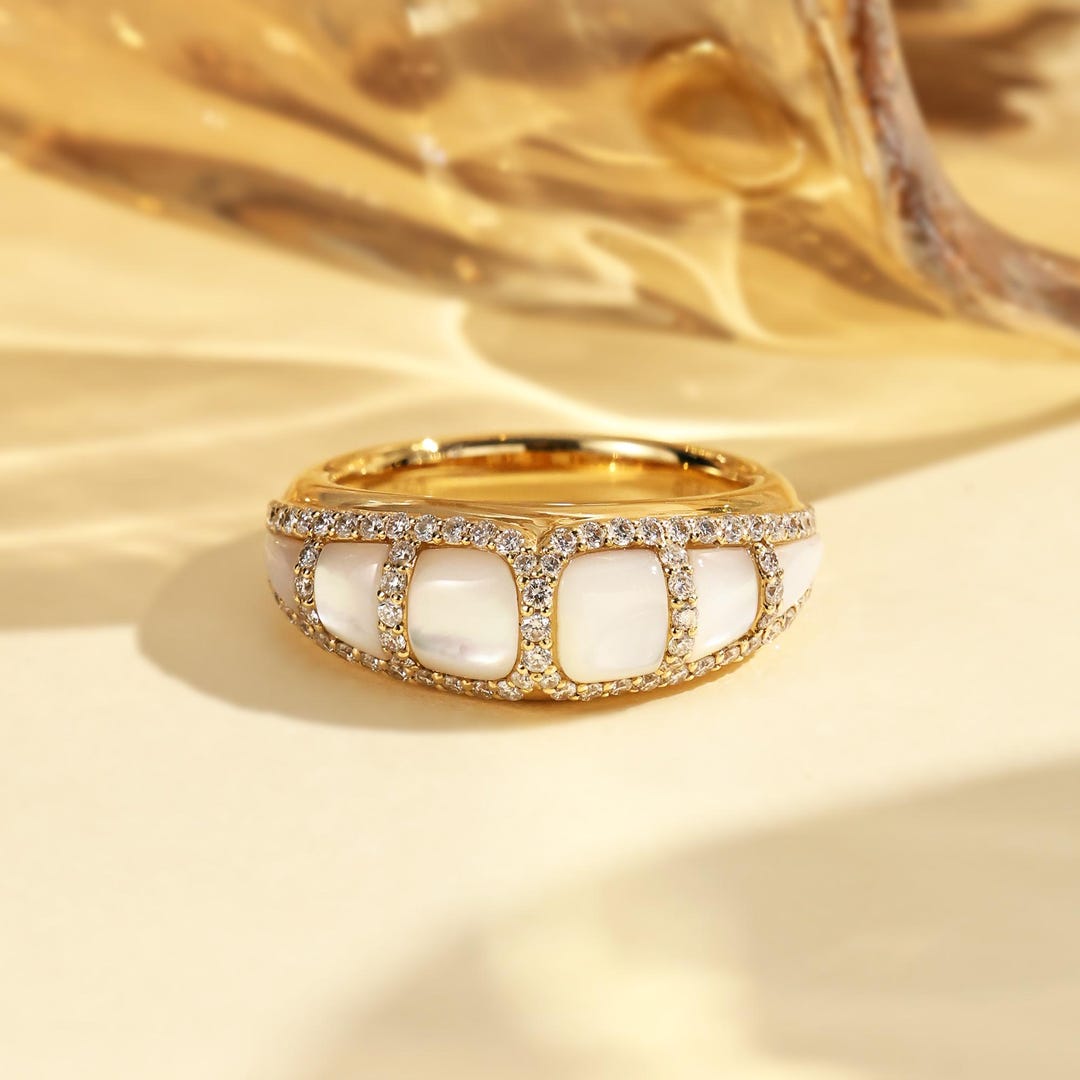 Shell Inspired Diamond Rings Natural White Shell With Diamond Ring,18k Solid Gold Ring, Unique ...