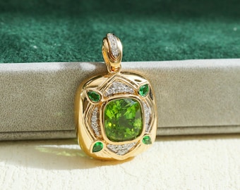 Vintage 18k Gold Peridot Pendant, Diamond & Tsavorite Accent, multi stone