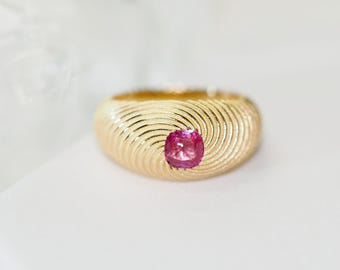 Cushion Pink Sapphire Ring, 18k Yellow Gold Engagement Ring, Spiral Pattern