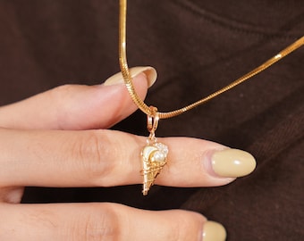 18k Solid Gold Pearl Diamond Pendant, lovely ice cream pendant,  articulated clasp, Engagement Anniversary Gift