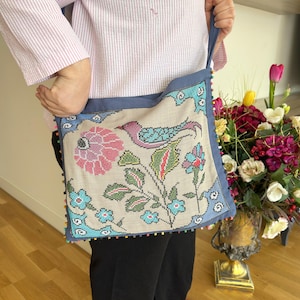 Blue Linen Tote Bag with Bird & Floral Embroidery, Beaded Cross Stitch Project Purse