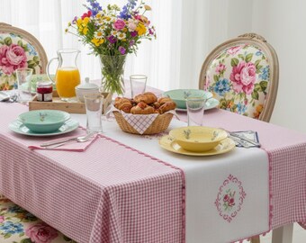 Linen Tablecloth and Floral Runner Set, Dining Table Decor