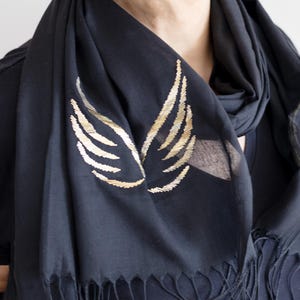 Linen Shawl: Black Scarf with Gold Angel Wing Embroidery