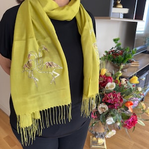 Flamingo Embroidered Scarf – Yellow Linen Wrap with Tassels – Animal Motif Long Scarf – Unique Gift for Mom or Her – Gift for Grandma