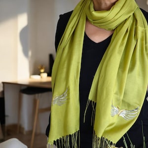 Embroidered Angel Wing Silk Shawl: Yellow-Green Wedding Wrap