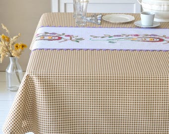 Linen Tablecloth and Runner Set, Botanical Embroidery, Rustic Farmhouse