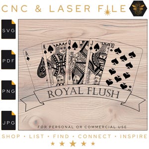 Royal Flush SVG | Karty do gry w pik | Dekoracja ścienna do pokoju gracza w pokera | Sztuka ścienna w pokera w pokera | Plik laserowy | Poker SVG
