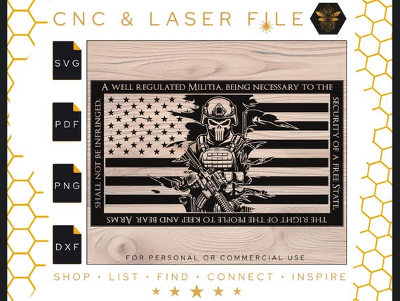 2A Border Tattered Flag Skull Soldier Svg | Tattered American Flag | Detailed Skull Mask Soldier | Armed Forces | 2nd Amendment SVG File CNC