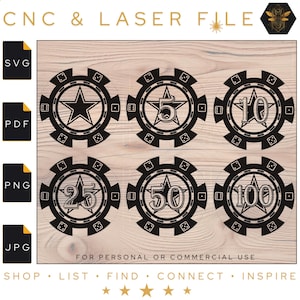 Pliki SVG Star Poker Chip Set | Szablony żetonów pokerowych | Żetony pokerowe | Wartość 100, 50, 25, 10, 5 | Poker SVG | Karty do gry | Texas Hold Em