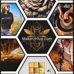 May include: A hexagonal honeycomb pattern with a black background and gold accents. The center hexagon features a gold bee with wings and a clock face. The text "MakerzHive.com" is displayed below the bee with the words "Shop, List, Find, Connect, Inspire" underneath. The surrounding hexagons feature various images, including a woman wearing a black shirt and jeans, a close-up of a flower, a person working with clay on a pottery wheel, a close-up of a metal object with sparks flying, a close-up of a woven blanket with grapes, and a close-up of a wooden puzzle.