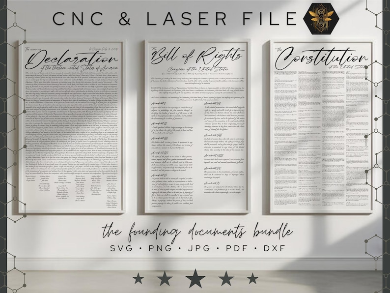 May include: Three white framed documents with black text. The documents are titled "Declaration of Independence", "Bill of Rights", and "Constitution". The text is in a traditional font style. The documents are for sale as a bundle.