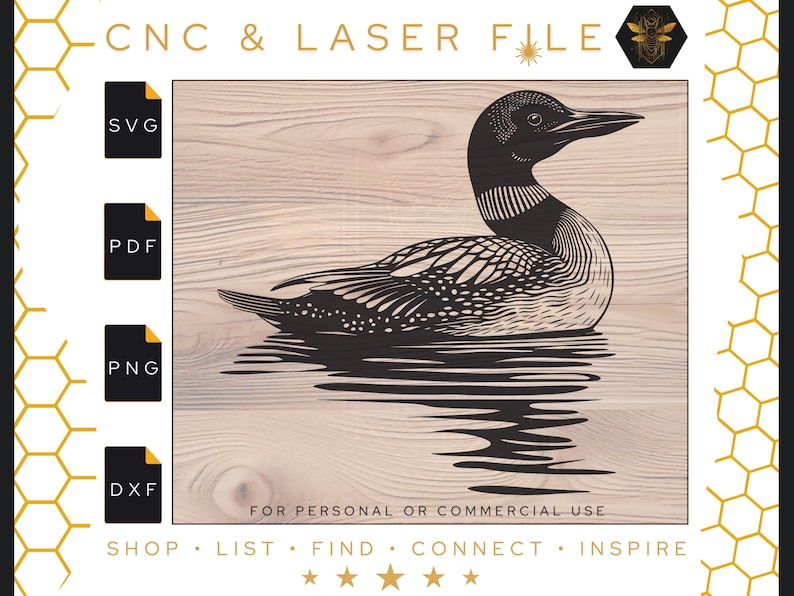 May include: Black and white line art illustration of a loon swimming in water. The image is on a wood background with the text "CNC & LASER FILE" at the top and "FOR PERSONAL OR COMMERCIAL USE" at the bottom.