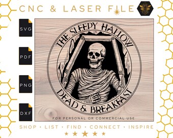 Sleepy Hallow Dead & Breakfast Sign | Mummy Coffin Halloween Decor (svg, pdf, png, dxf)