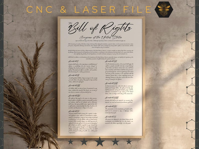 May include: A printable document featuring the Bill of Rights of the United States. The document is framed in a brown wood frame and has a white background with black text. The text includes the title "The Bill of Rights" and the text of the first ten amendments to the United States Constitution.