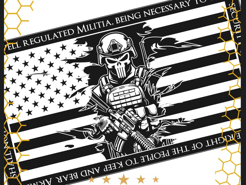 Pu&ograve; includere: Un'illustrazione in bianco e nero di un soldato che tiene un fucile, con una bandiera americana sullo sfondo. Il testo "A well regulated Militia, being necessary to the security of a free State, the right of the people to keep and bear Arms, shall not be infringed." &egrave; visibile nella parte superiore e inferiore dell'immagine.