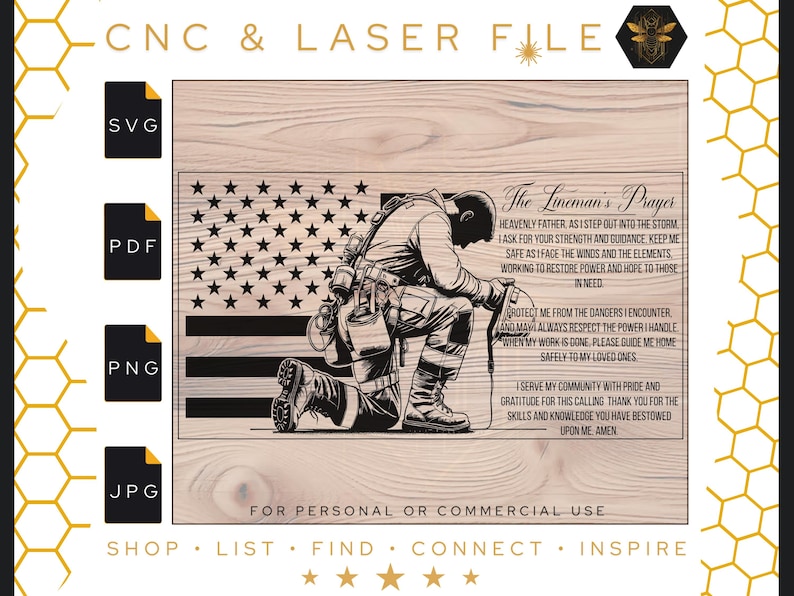 K&ouml;nnte beinhalten: Ein digitaler Download eines Holzmaserungshintergrunds mit einer schwarz-wei&szlig;en amerikanischen Flagge, einer Silhouette eines Linienarbeiters, der im Gebet kniet, und einem Textfeld mit "The Lineman's Prayer" und einem Gebet um Sicherheit und F&uuml;hrung. Der Text lautet: "Himmlischer Vater, wenn ich in den Sturm trete, bitte ich um deine St&auml;rke und F&uuml;hrung. Sch&uuml;tze mich, wenn ich den Winden und den Elementen gegen&uuml;berstehe, und arbeite daran, die Energie und die Hoffnung f&uuml;r diejenigen wiederherzustellen, die sie brauchen. Sch&uuml;tze mich vor den Gefahren, denen ich begegne, und m&ouml;ge ich immer den Respekt vor der Macht haben, die ich handhabe. Wenn meine Arbeit getan ist, f&uuml;hre mich bitte sicher nach Hause zu meinen Lieben. Ich diene meiner Gemeinde mit Stolz und Dankbarkeit f&uuml;r diesen Ruf. Danke f&uuml;r die F&auml;higkeiten und das Wissen, das du mir gegeben hast. Amen."