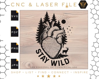 Anillos de árboles Stay Wild Heart SVG: Archivos vectoriales de naturaleza (descarga digital)