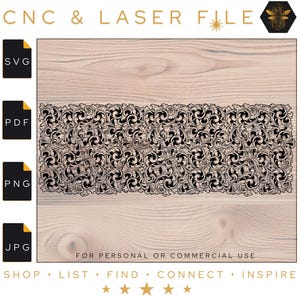 May include: Digital CNC and laser file featuring an ornate, scrolling floral design. The image includes file type icons for SVG, PDF, PNG, and JPG formats. Text at the top reads "CNC & LASER FILE". The design is suitable for personal or commercial use.
