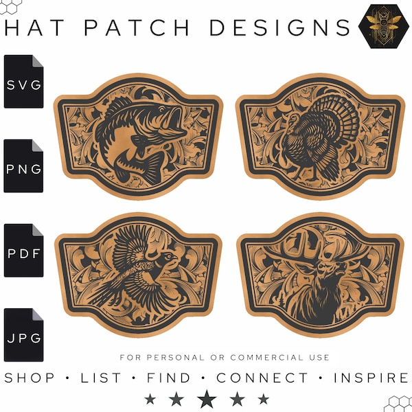 Hunter Collection Hat Patch Designs: Elk, Bass, Turkey, Pheasant (Digital)