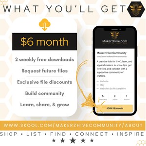 Pu&ograve; includere: Una grafica con uno sfondo a nido d'ape e testo che recita "What You'll Get". La grafica pubblicizza un abbonamento alla comunit&agrave; Makerz Hive per 6 &euro; al mese. I vantaggi includono due download gratuiti settimanali, la possibilit&agrave; di richiedere file futuri, sconti esclusivi sui file, la creazione di una comunit&agrave; e l'apprendimento, la condivisione e la crescita. La grafica include anche uno screenshot del sito web della comunit&agrave; Makerz Hive, che &egrave; un hub creativo per i produttori di CNC, laser e abbigliamento per condividere suggerimenti, ottenere file gratuiti e connettersi con una comunit&agrave; di supporto di artigiani.